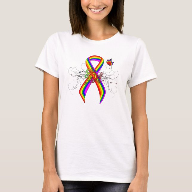 Rainbow Awareness Ribbon with Butterfly T-Shirt (Front)