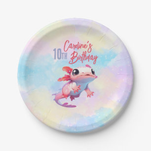 Rainbow axolotl girl birthday paper plate