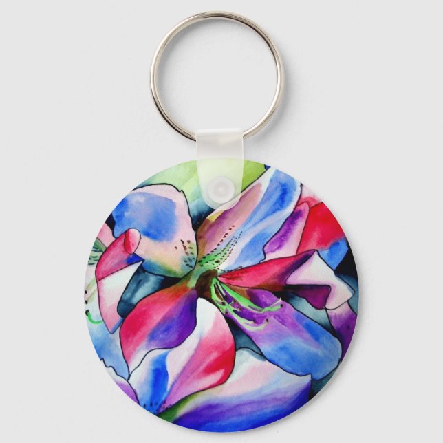 Rainbow Azalea flower original watercolor painting Keychain (Front)