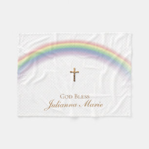 Rainbow Baby Baptism Cross Gold Crucifix Netting Fleece Blanket