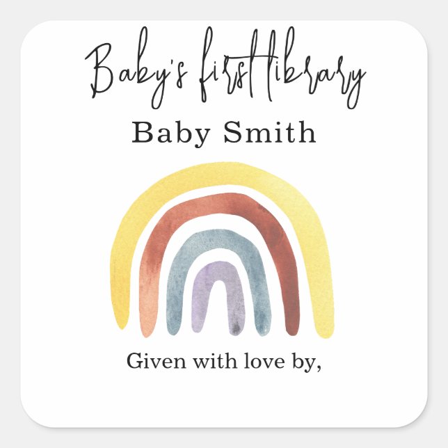 Rainbow - baby shower bookplate square sticker (Front)