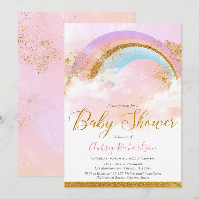 Rainbow baby shower girl pastel pink gold invitation (Front/Back)