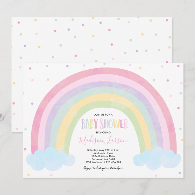 Rainbow Baby shower Invitation Pastel Rainbow Baby (Devant / Derrière)