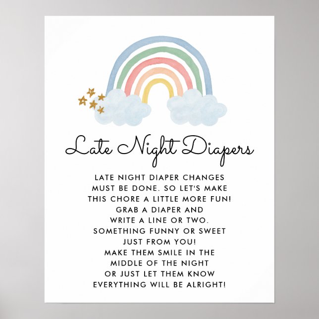 Rainbow Baby Shower Late Nights Diaper Game Poster (Front)
