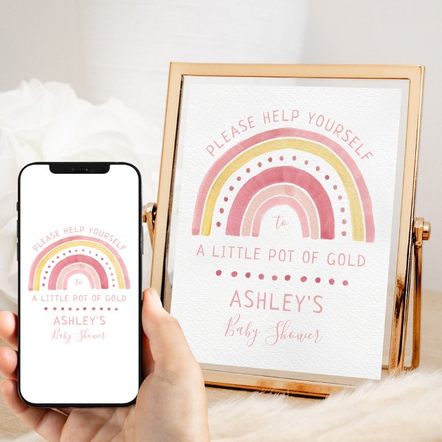 Rainbow Baby Shower Pink Pot of Gold Favors Sign (Rainbow baby shower favors sign)