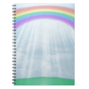 Rainbow Background with Clouds, Grass Notebook