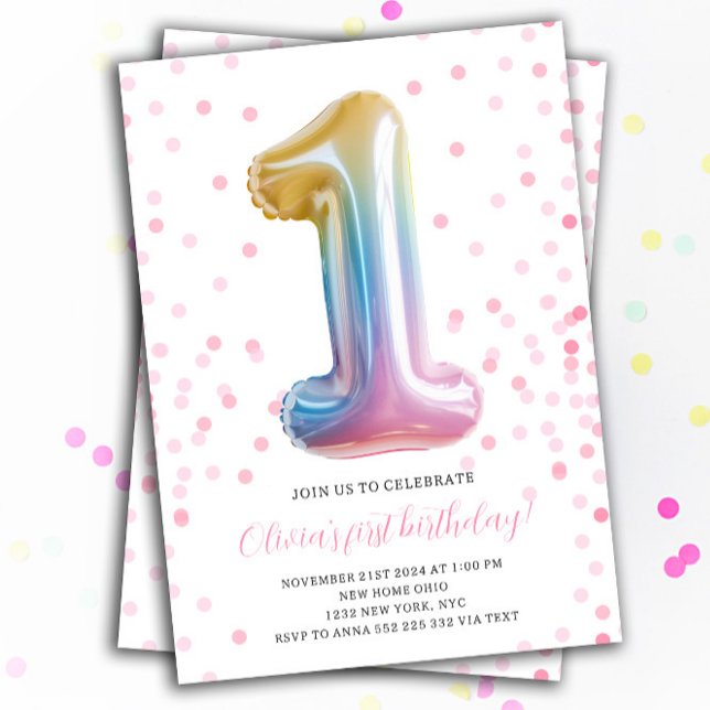 Rainbow Balloon 1st Birthday Girl Party Number Invitation (Rainbow Balloon 1st Birthday Party Invitation)