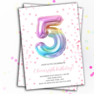 Rainbow Balloon 5th Birthday Girl Party Number Invitation