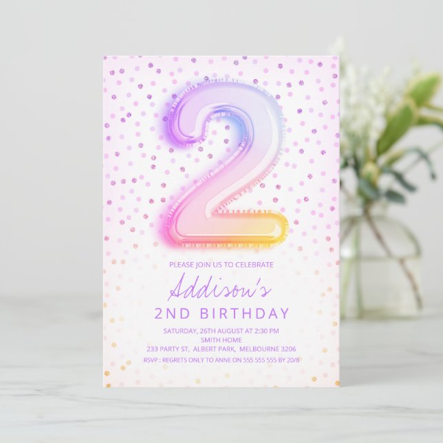Rainbow Balloon Letter Number Two Birthday Invitation (Standing Front)