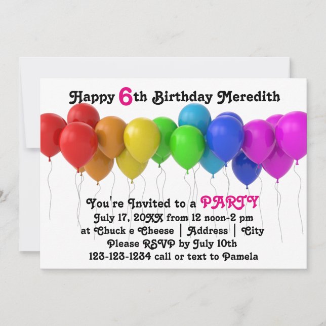 Rainbow Balloons Birthday Invitation Pink (Front)