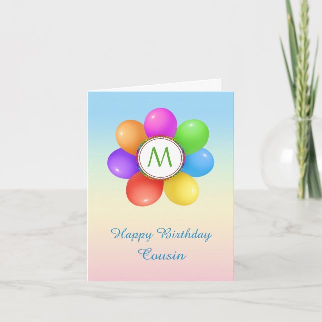 Rainbow balloons flowe Cousin Monogram Birthday Card (Front)