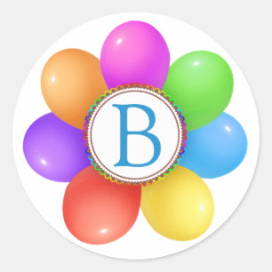 Rainbow balloons flower monogram Birthday Classic Round Sticker