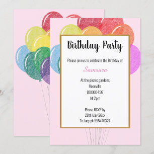 Rainbow Balloons PINK  Birthday Invitation