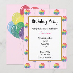 Rainbow Balloons PINK MULTIPLE  Birthday Invitation