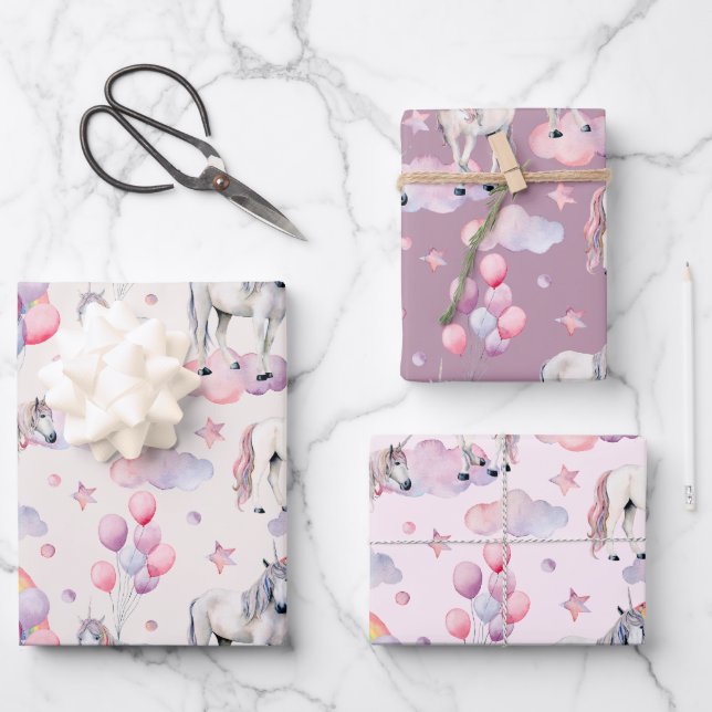 Rainbow Balloons Unicorn Pink Birthday Party Girl Wrapping Paper Sheet (Front)