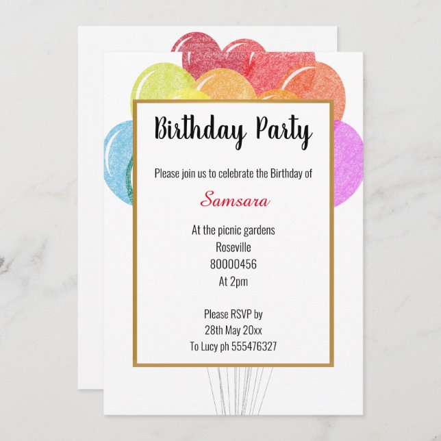 Rainbow Balloons White Birthday Invitation (Front/Back)