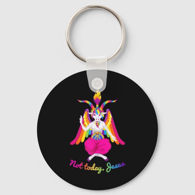Rainbow Baphomet Not Today Jesus Kawaii Hail Satan Keychain (Front)