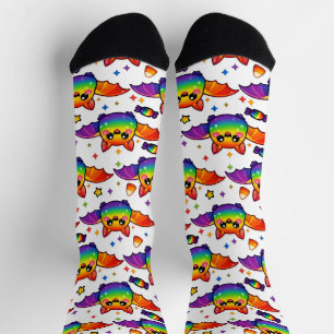 🦇🌈 Rainbow Bat Starburst Crew Socks
