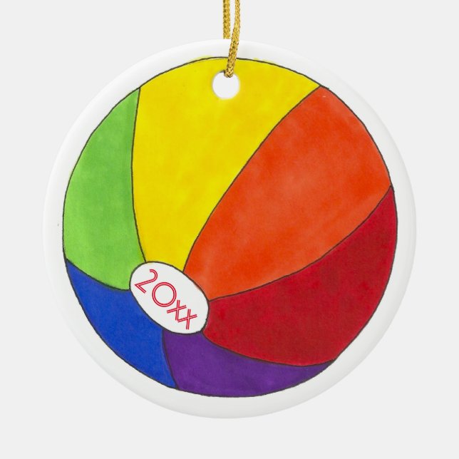 Rainbow Beach Ball Summer Fun Seashore Ceramic Ornament (Front)