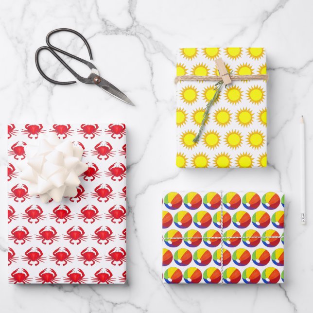 Rainbow Beachball Crab Sun Beach Seashore Holiday Wrapping Paper Sheet (Front)