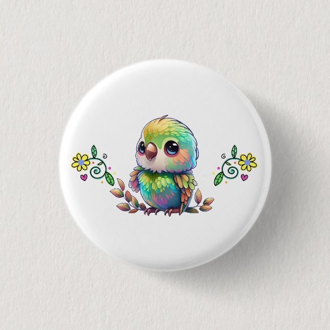 Rainbow Bird & Flowers 1 Inch Round Button (Front)