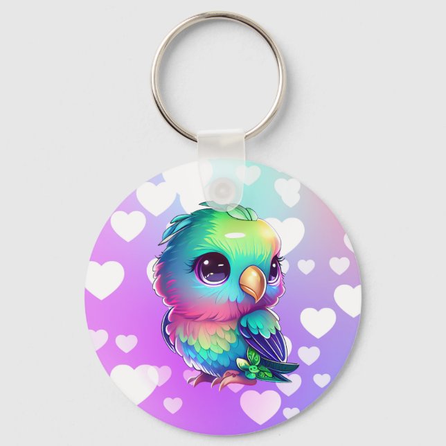 Rainbow bird & hearts  keychain (Front)