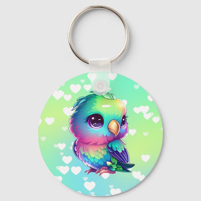 Rainbow bird & hearts  keychain (Front)