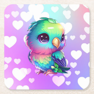 Rainbow bird & hearts   square paper coaster