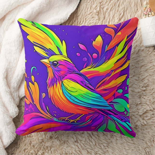 Rainbow Bird in Cartoon Land Throw Pillow (Blanket)
