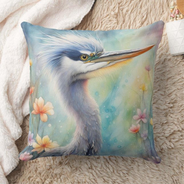 Rainbow Birds Blue Heron 1 Throw Pillow (Blanket)