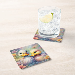 Rainbow Birds Duck 1 Square Paper Coaster