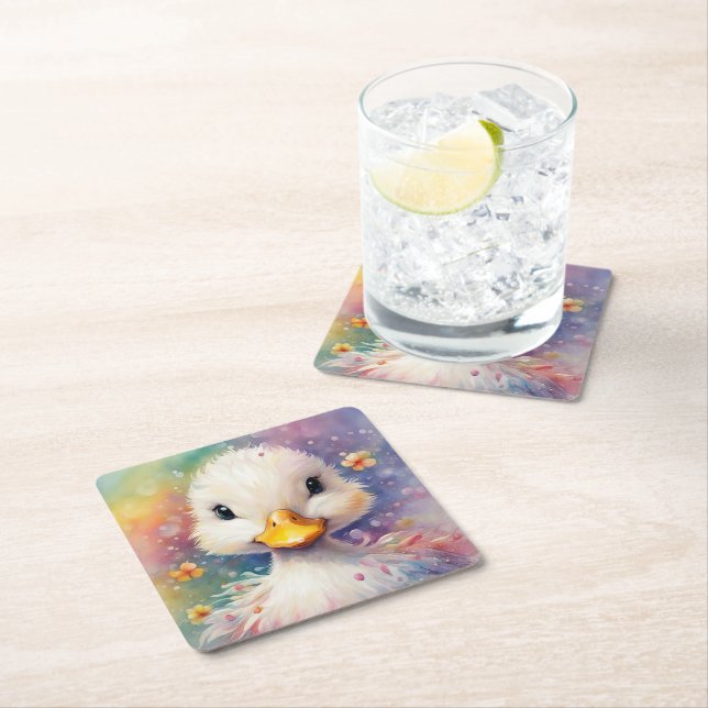 Rainbow Birds Duck 3 Square Paper Coaster (Insitu)