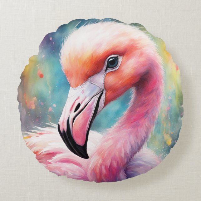 Rainbow Birds Flamingo 2 Round Pillow (Front)