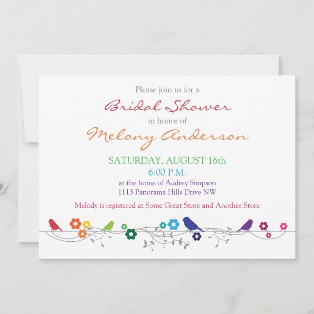 Rainbow Birds Flowers Bridal Shower Invitation (Front)