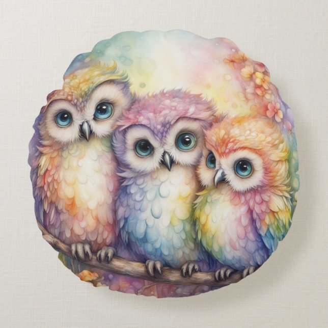 Rainbow Birds Owls 1 Round Pillow (Front)