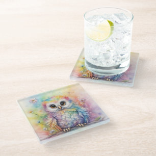 Rainbow Birds Owls 2 Glass Coaster