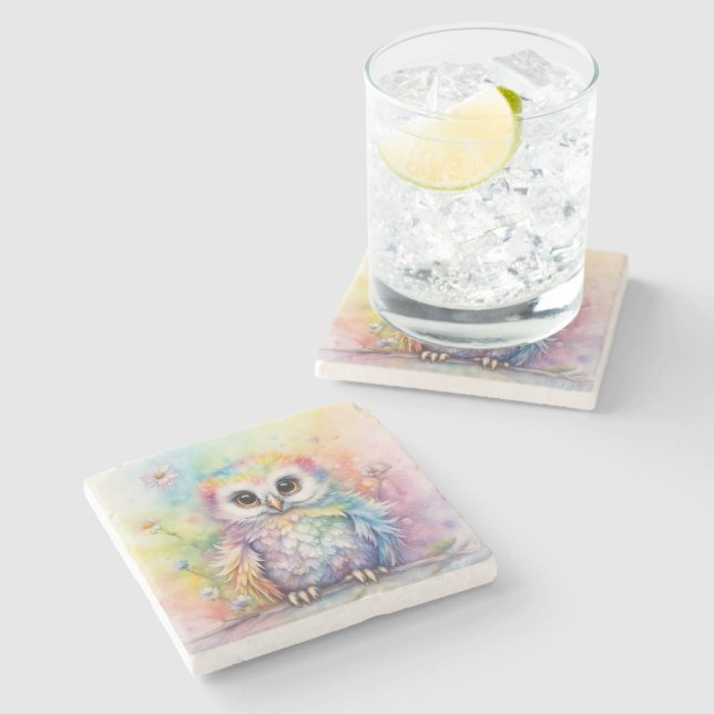 Rainbow Birds Owls 2 Stone Coaster (Side)