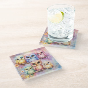 Rainbow Birds Owls 3 Glass Coaster