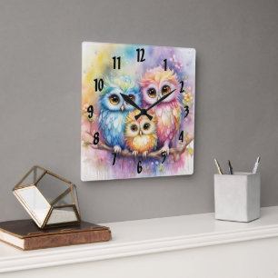 Rainbow Birds Owls 5 Square Wall Clock
