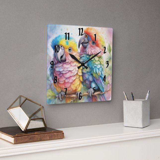 Rainbow Birds Parrots 1 Square Wall Clock (Office)