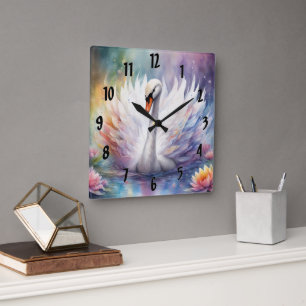 Rainbow Birds Swan 1 Square Wall Clock