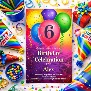Rainbow Birthday Balloon Confetti Party Invitation