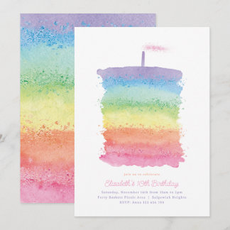 Rainbow Birthday Cake Invite, Rainbow 1st Party Invitation