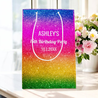 Rainbow Birthday Green Pink Yellow Glitter Medium Gift Bag