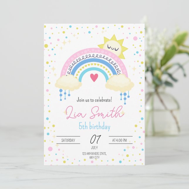 Rainbow Birthday Invitation for Girls Boho Rainbow (Standing Front)
