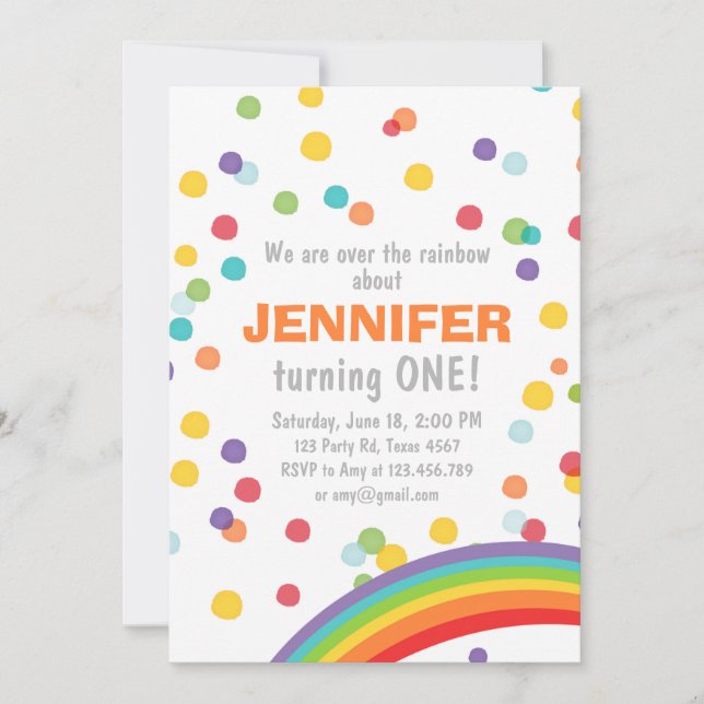 Rainbow birthday invitation Girl confetti Colourfu (Front)