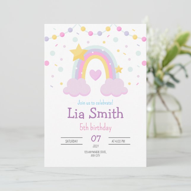 Rainbow Birthday Invitation Girls Boho Rainbow (Standing Front)