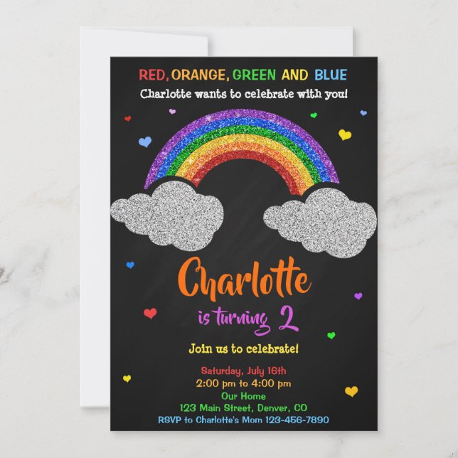 Rainbow birthday invitation Glitter rainbow invite (Front)