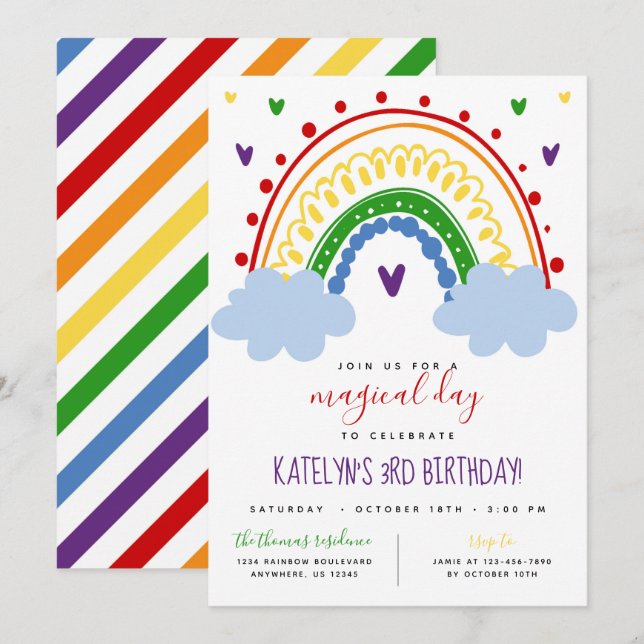 Rainbow Birthday Invitation in Primary Colours (Front/Back)