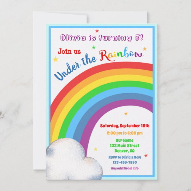 Rainbow birthday invitation Under the rainbow (Front)